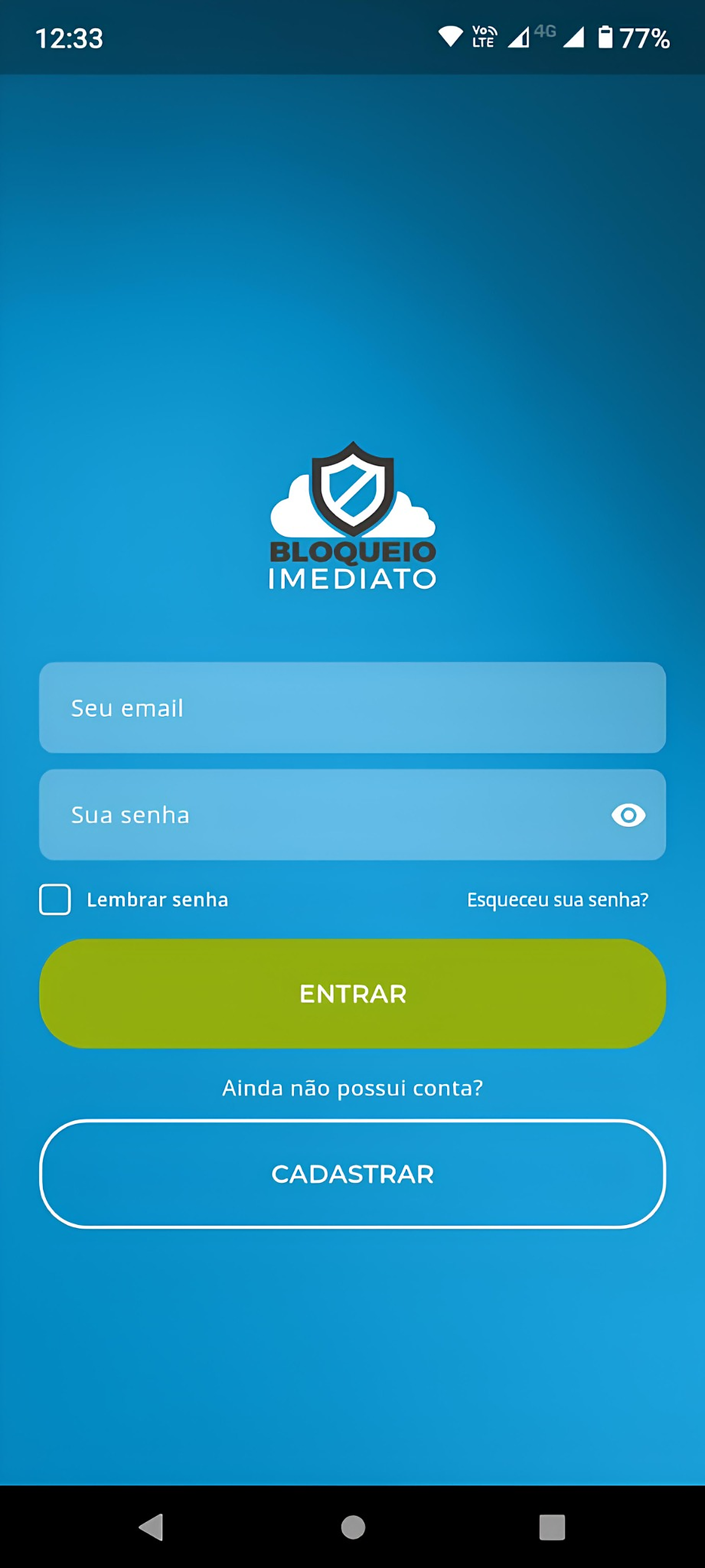 Tela inicial real do aplicativo Bloqueio Imediato
